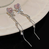 Bellia Blush Heart Tassel Earrings – Pink Crystal Bow Drop Earrings