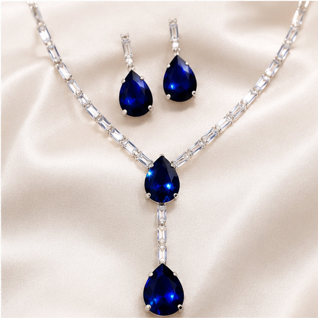 Royal Blue Teardrop Crystal Necklace Set for Women | Elegant Party Wear Jewellery