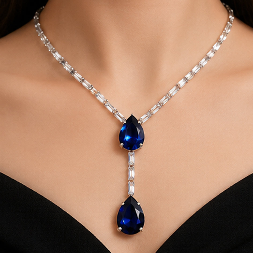 Royal Blue Teardrop Crystal Necklace Set for Women | Elegant Party Wear Jewellery