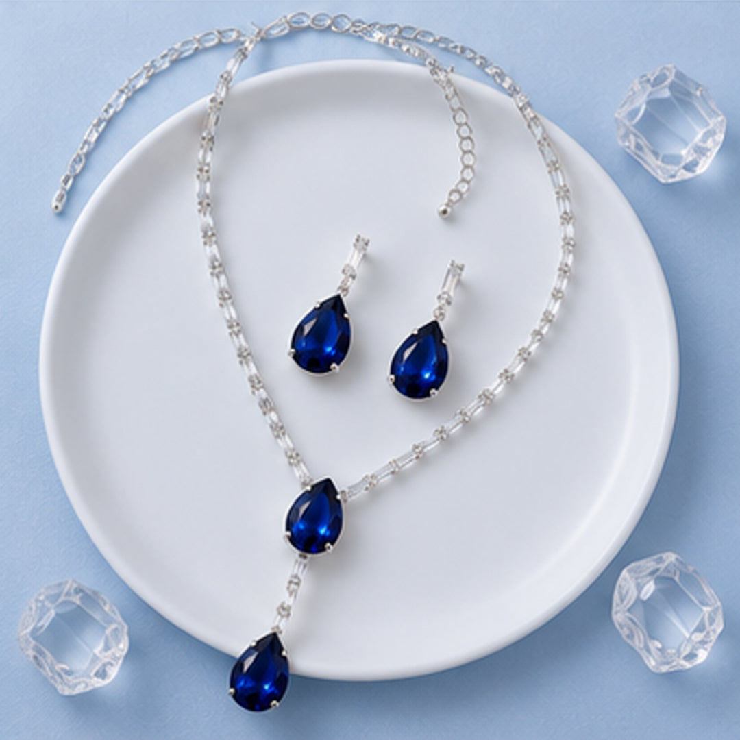 Royal Blue Teardrop Crystal Necklace Set for Women | Elegant Party Wear Jewellery