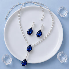 Royal Blue Teardrop Crystal Necklace Set for Women | Elegant Party Wear Jewellery