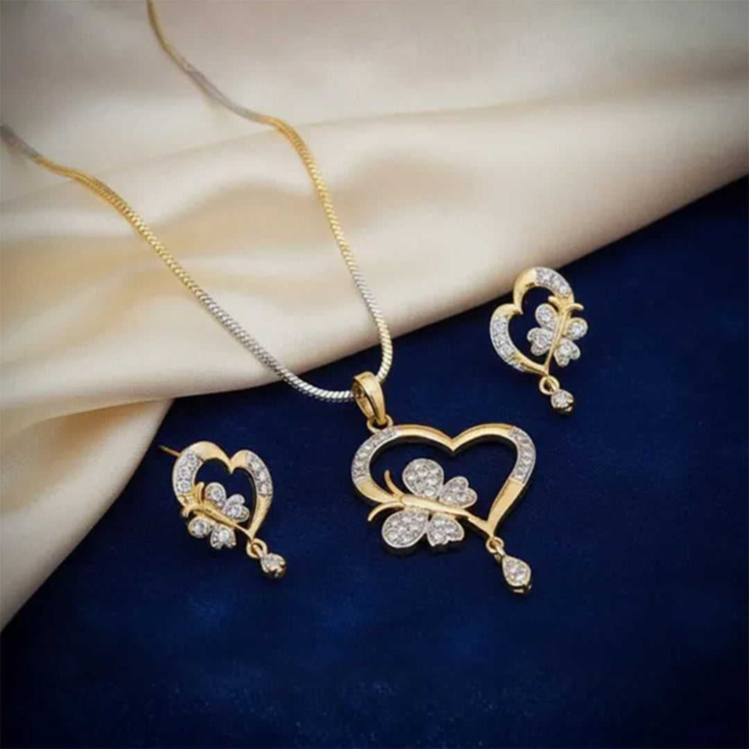 Bellia Heart Charm Necklace & Earrings Set – Gold Plated Crystal Jewelry Set