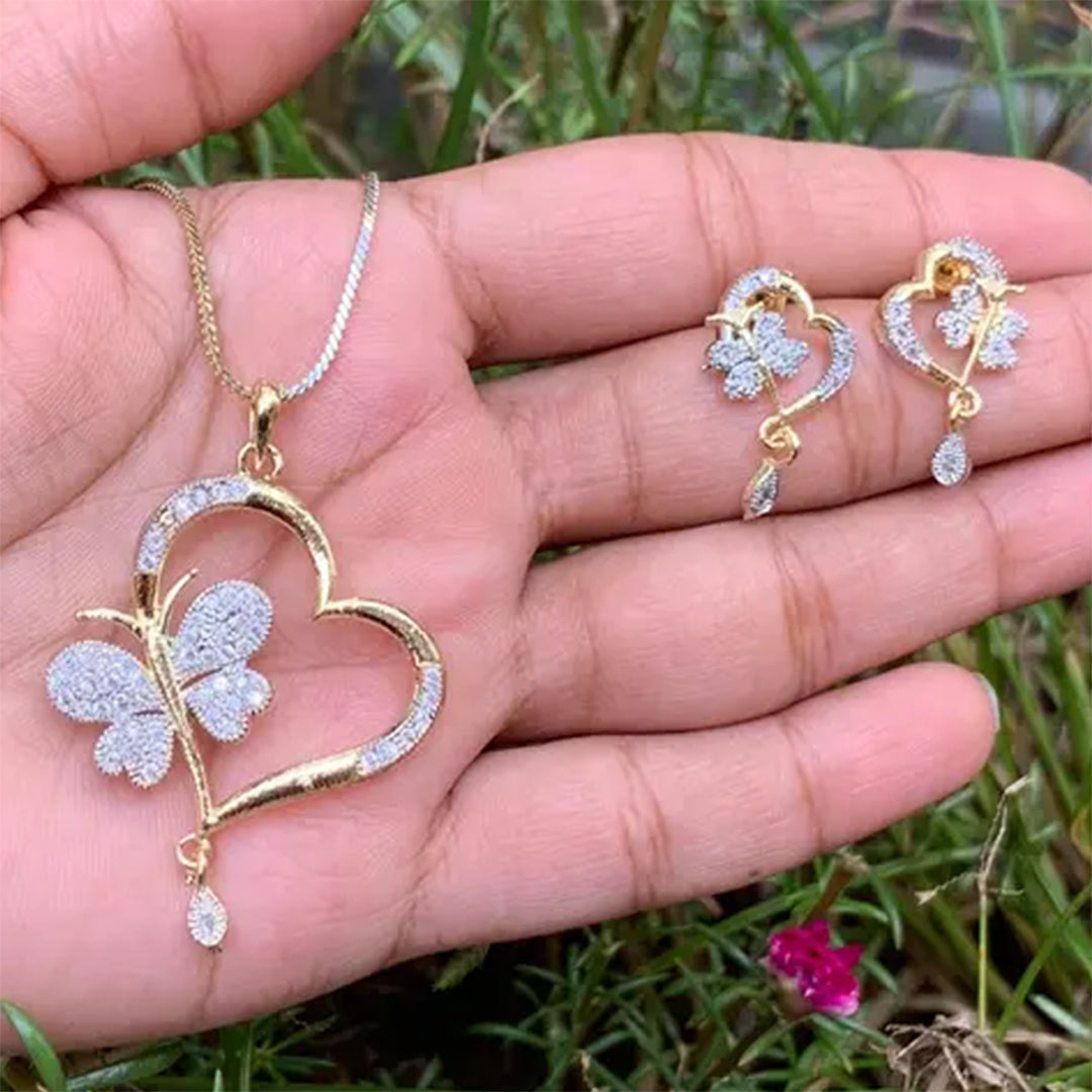 Bellia Heart Charm Necklace & Earrings Set – Gold Plated Crystal Jewelry Set