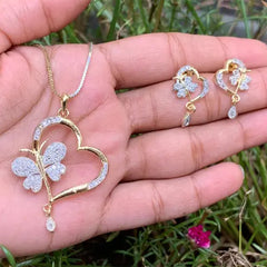 Bellia Heart Charm Necklace & Earrings Set – Gold Plated Crystal Jewelry Set