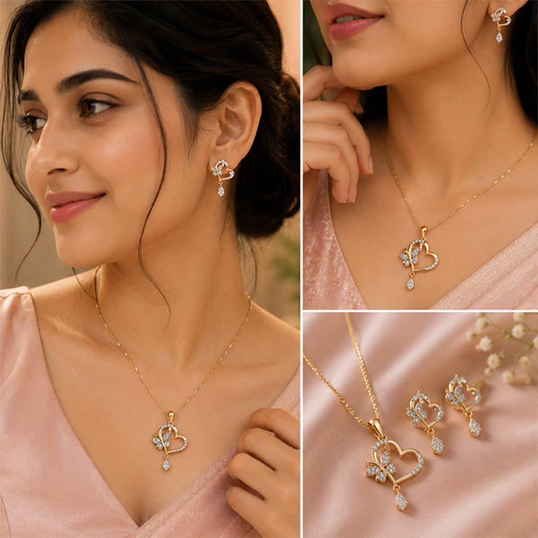 Bellia Heart Charm Necklace & Earrings Set – Gold Plated Crystal Jewelry Set