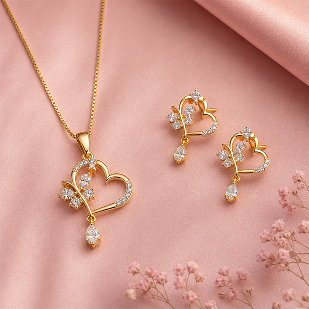 Bellia Heart Charm Necklace & Earrings Set – Gold Plated Crystal Jewelry Set