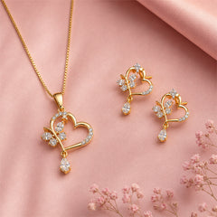 Bellia Heart Charm Necklace & Earrings Set – Gold Plated Crystal Jewelry Set