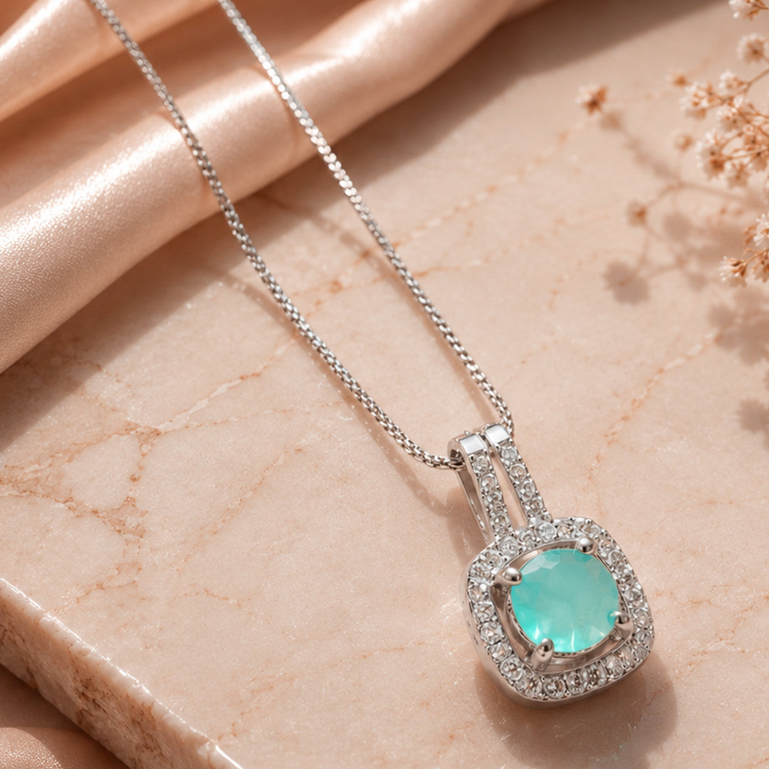 Bellia Aqua Halo Pendant Necklace – Silver Crystal Gemstone Necklace