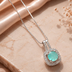 Bellia Aqua Halo Pendant Necklace – Silver Crystal Gemstone Necklace
