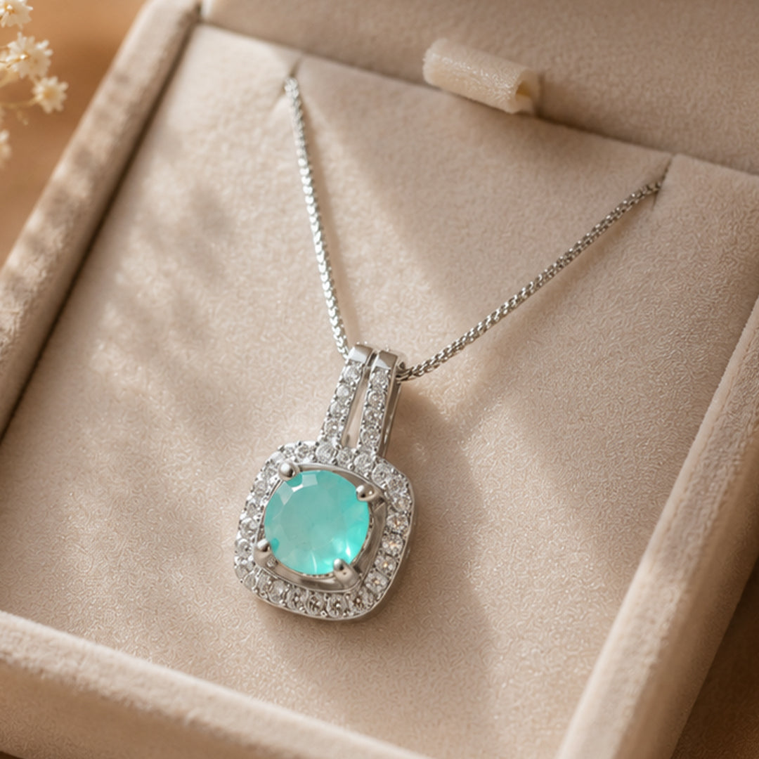Bellia Aqua Halo Pendant Necklace – Silver Crystal Gemstone Necklace