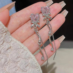 Bellia Blush Heart Tassel Earrings – Pink Crystal Bow Drop Earrings