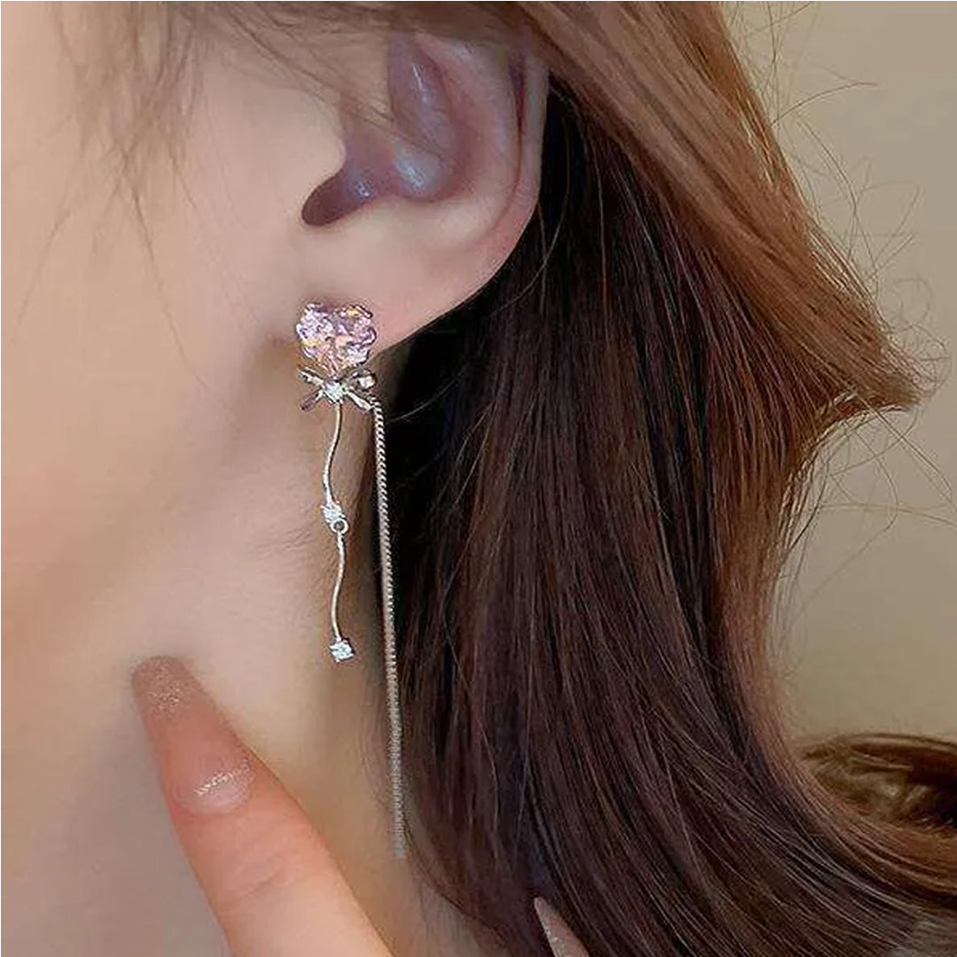 Bellia Blush Heart Tassel Earrings – Pink Crystal Bow Drop Earrings