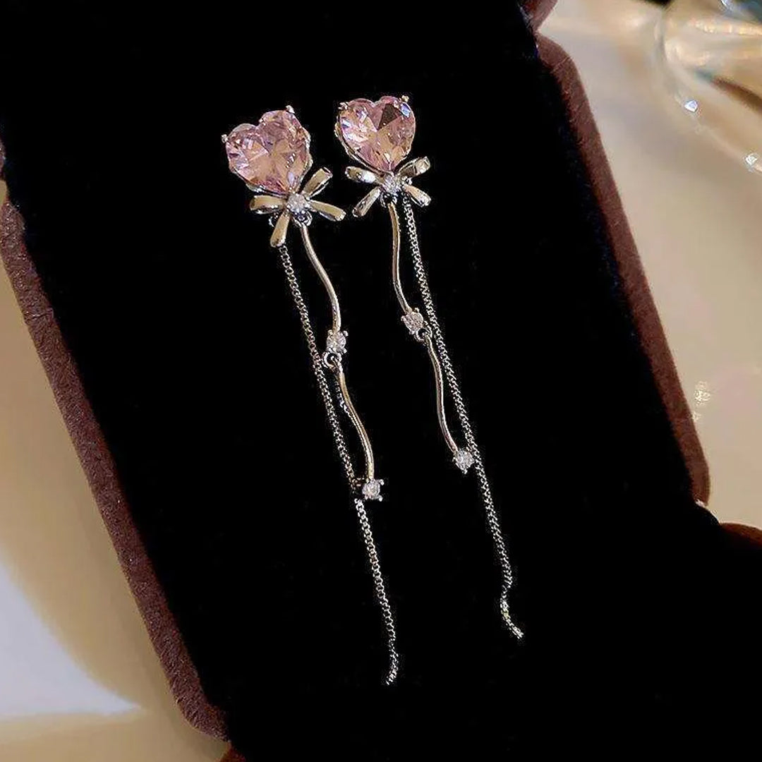 Bellia Blush Heart Tassel Earrings – Pink Crystal Bow Drop Earrings