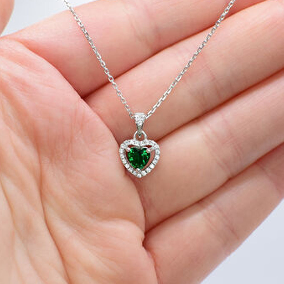 Bellia Emerald Heart Halo Pendant Necklace – Silver Crystal Love Necklace