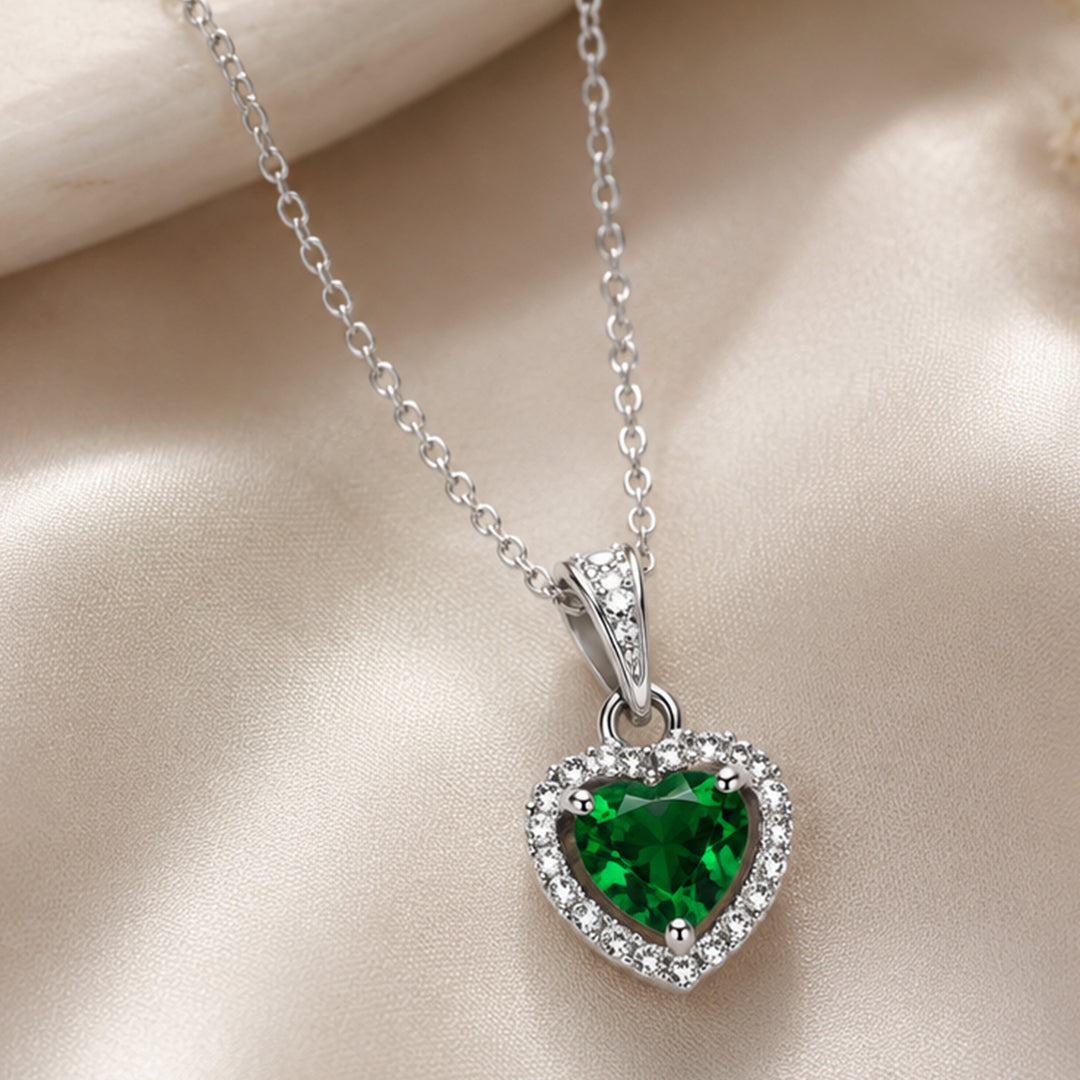 Bellia Emerald Heart Halo Pendant Necklace – Silver Crystal Love Necklace