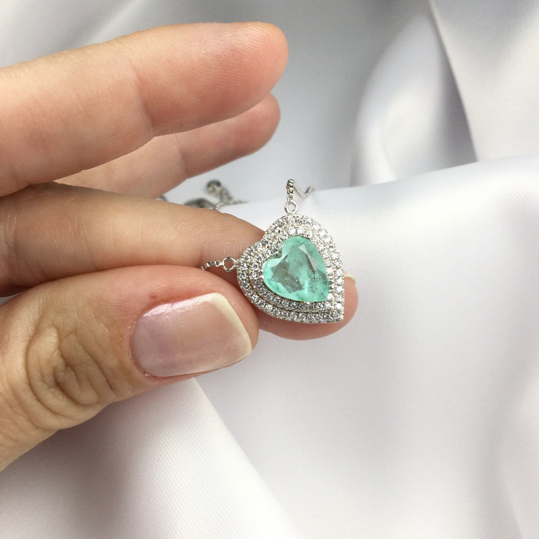 Bellia Mint Heart Halo Pendant Necklace – Silver Crystal Love Necklace