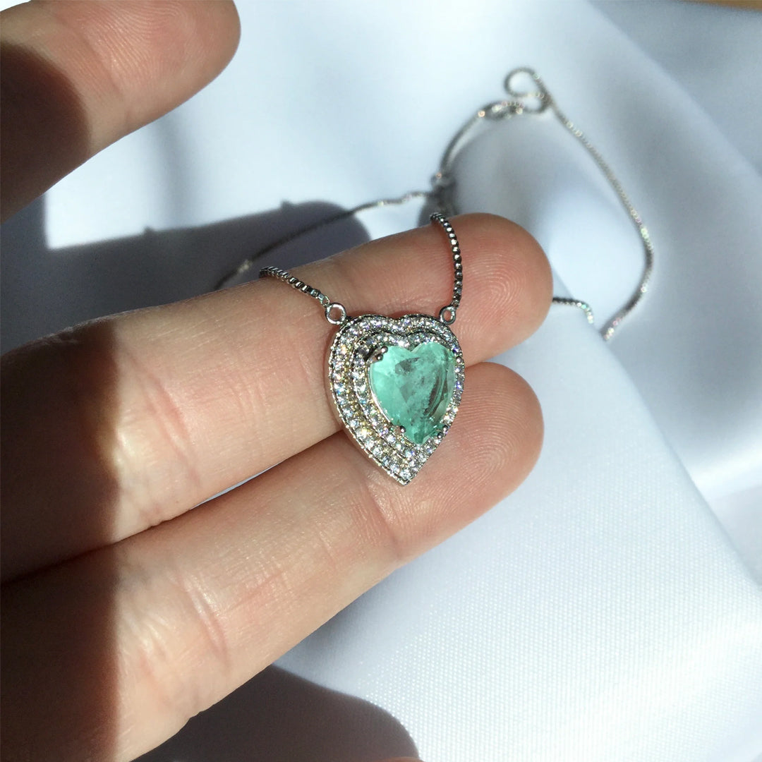 Bellia Mint Heart Halo Pendant Necklace – Silver Crystal Love Necklace
