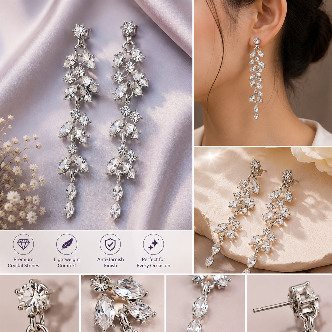 Bellia Crystal Vine Drop Earrings – Silver Statement Earrings for Women