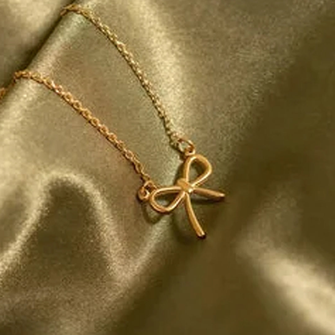 Bellia Grace Bow Necklace – Minimal Gold Ribbon Pendant Necklace