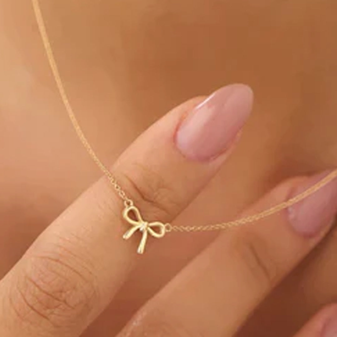 Bellia Grace Bow Necklace – Minimal Gold Ribbon Pendant Necklace
