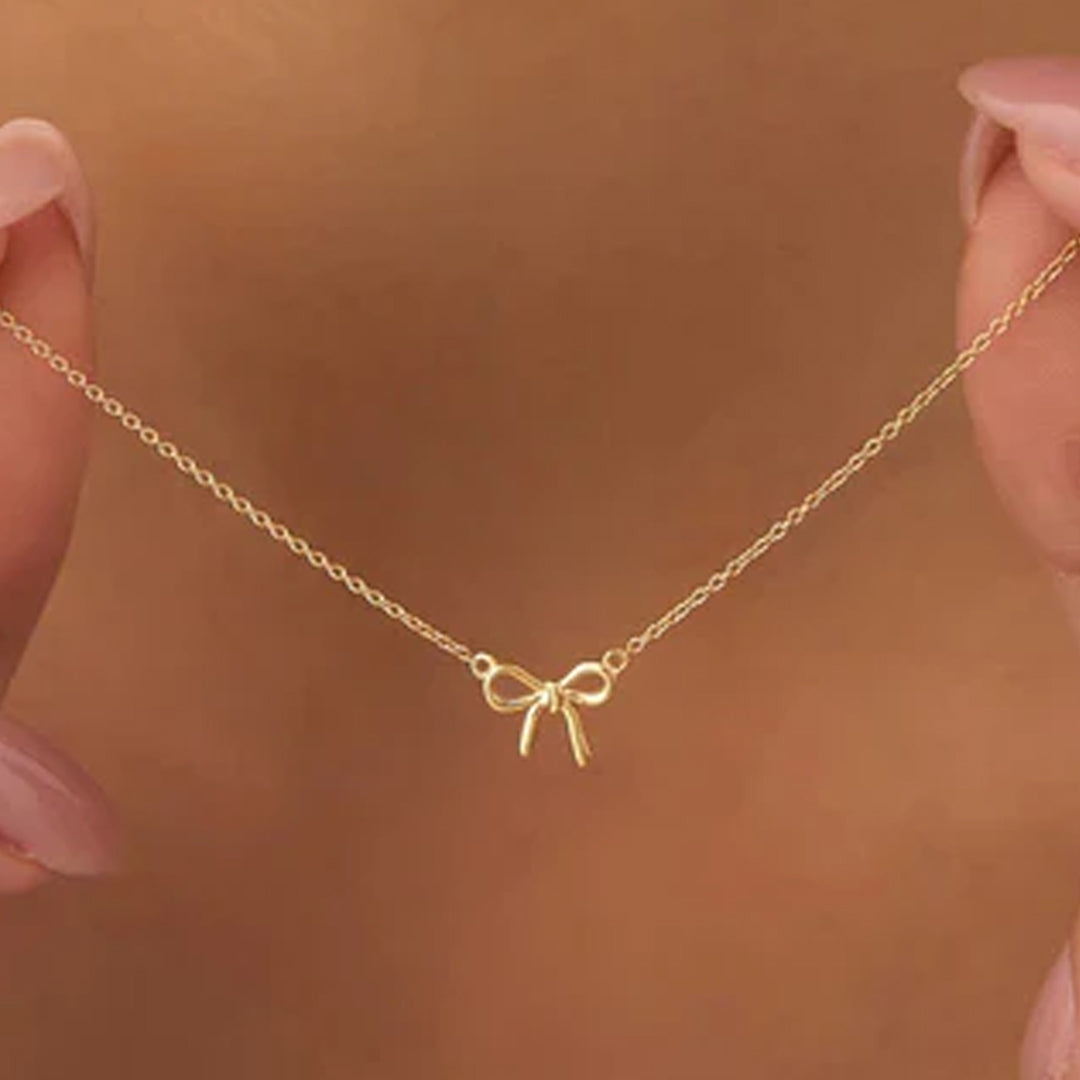 Bellia Grace Bow Necklace – Minimal Gold Ribbon Pendant Necklace