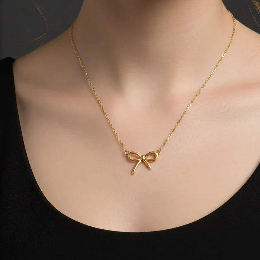 Bellia Grace Bow Necklace – Minimal Gold Ribbon Pendant Necklace