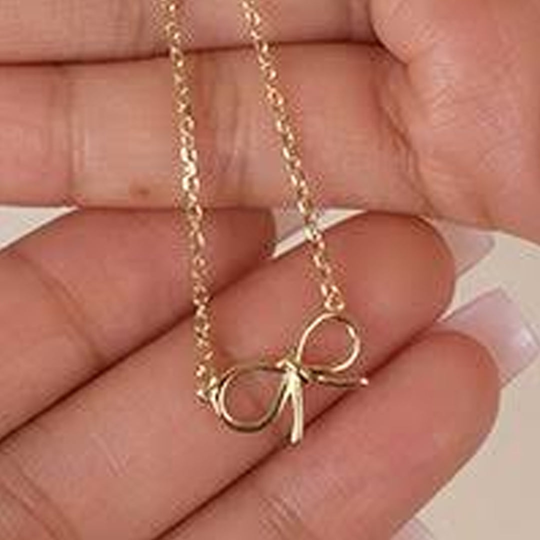 Bellia Grace Bow Necklace – Minimal Gold Ribbon Pendant Necklace