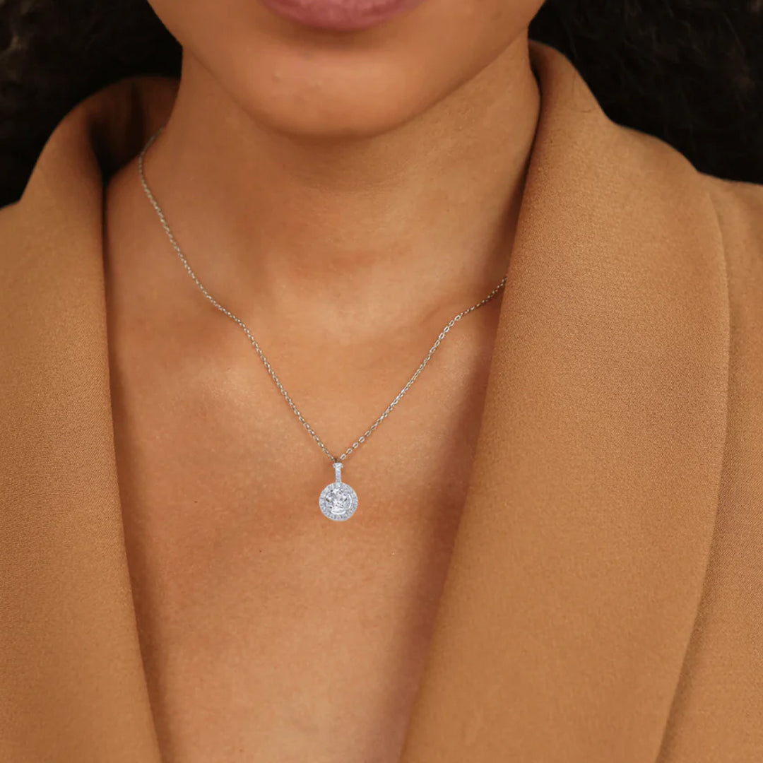Bellia Luna Halo Pendant Necklace – Silver Crystal Minimal Necklace