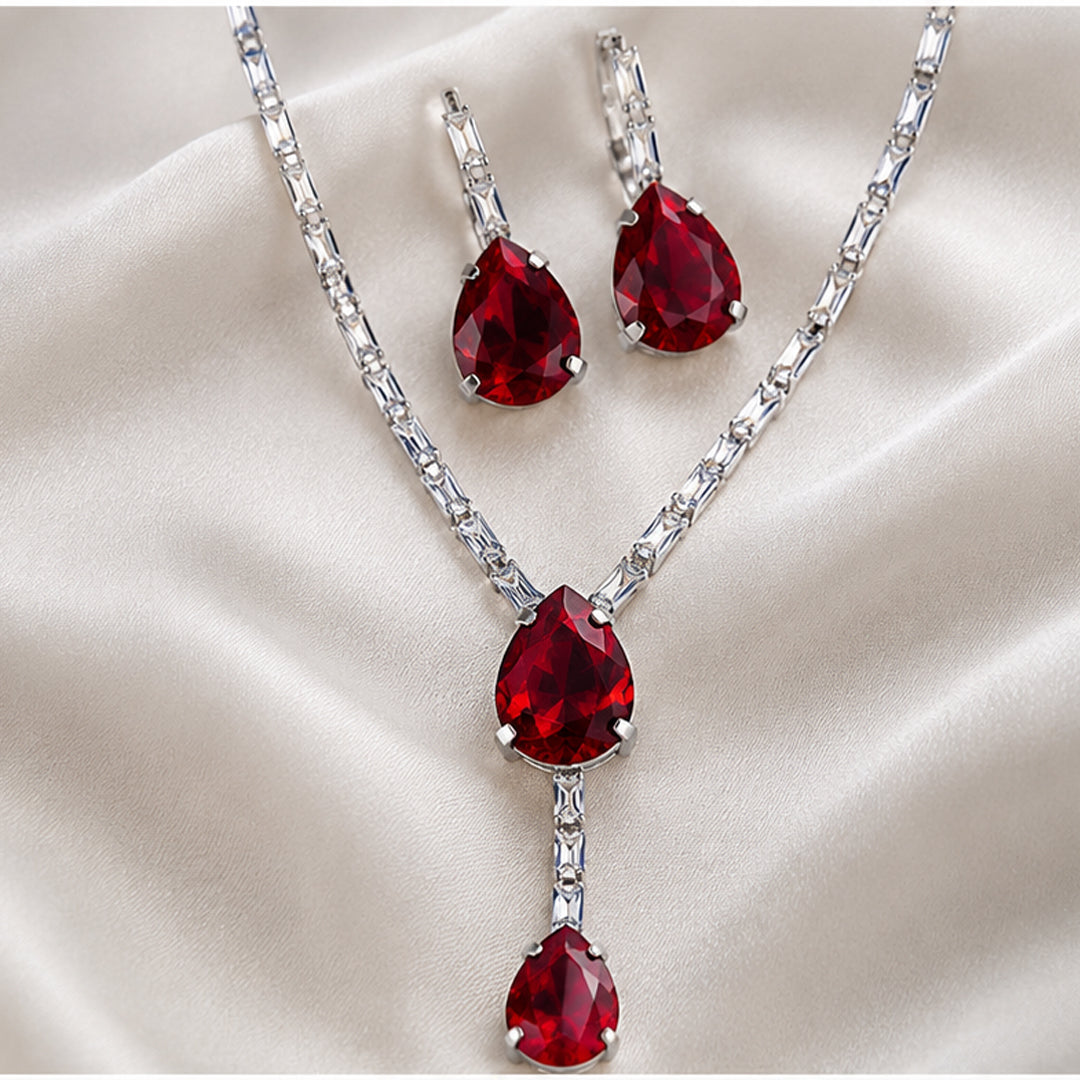 Bellia Ruby Luxe Jewelry Set – Red Crystal Pendant Necklace & Earrings