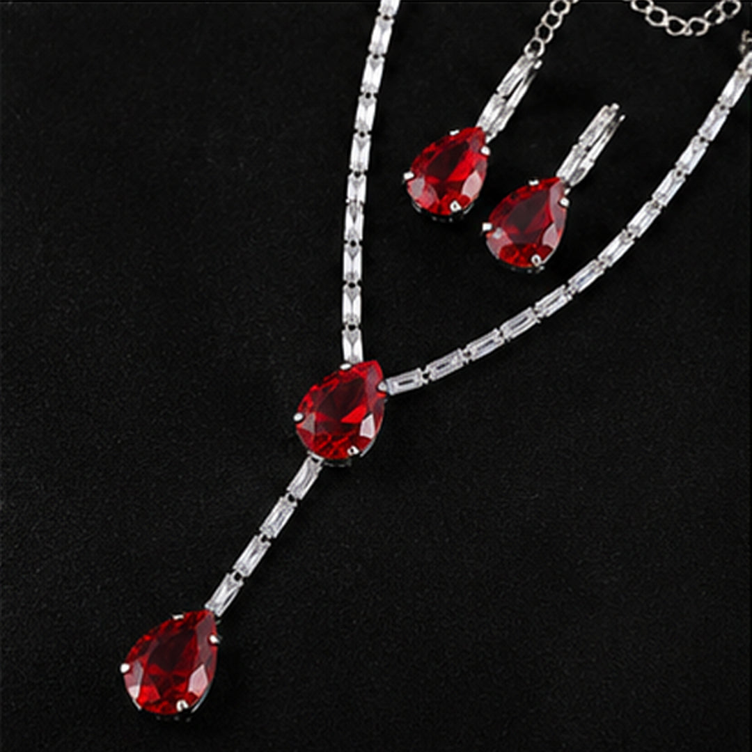Bellia Ruby Luxe Jewelry Set – Red Crystal Pendant Necklace & Earrings