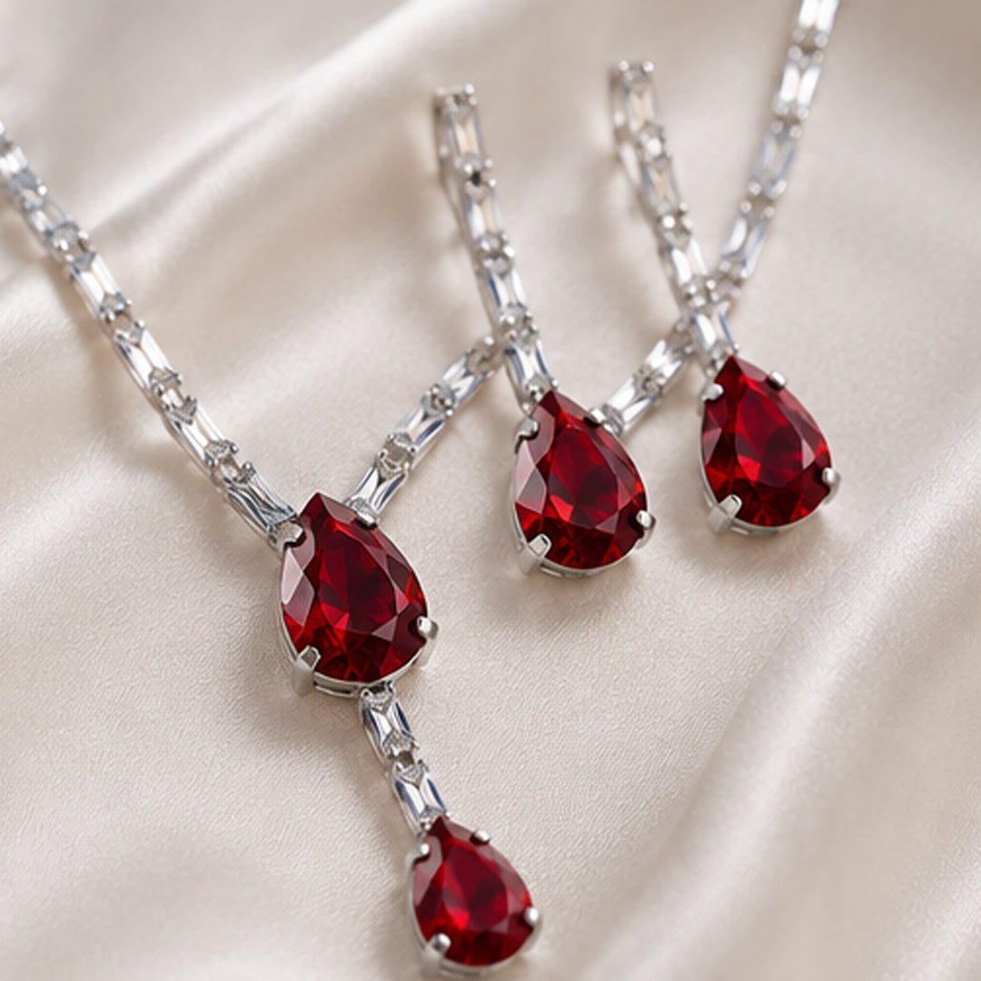 Bellia Ruby Luxe Jewelry Set – Red Crystal Pendant Necklace & Earrings